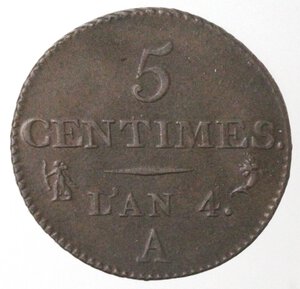 reverse: Francia. Repubblica. 1795-1796. 5 Centimes An 4. Ae. 