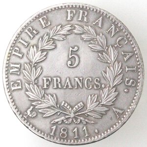 reverse: Francia. Napoleone I Imperatore. 1804-1814. 5 franchi 1811 A Zecca di Parigi. Ag.