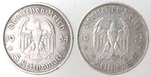 obverse: Germania. Terzo Reich. 1933-1945. Lotto di 2 monete. 5 Marchi 1934 A e 5 Marchi 1935 F. Ag. 