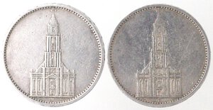 reverse: Germania. Terzo Reich. 1933-1945. Lotto di 2 monete. 5 Marchi 1934 A e 5 Marchi 1935 F. Ag. 