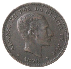obverse: Spagna. Alfonso XII. 1875-1885. 5 Centimos 1879. Ae. 
