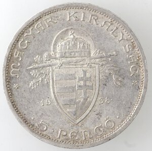 obverse: Ungheria. 5 Pengo 1938. Ag 640. 