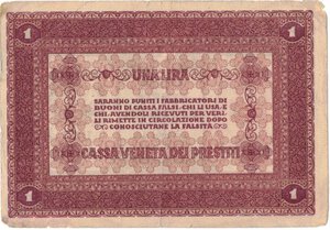 reverse: Banconote. Occupazione Austriaca. Cassa Veneta dei prestiti. Buono da 1 lire. 2 Gennaio 1918. 