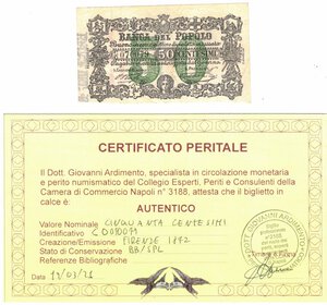 obverse: Banconote. Banca del Popolo Firenze. 50 Centesimi. 1868. BB/SPL. Perizia Giovanni Ardimento. Emissione uniface. R. 