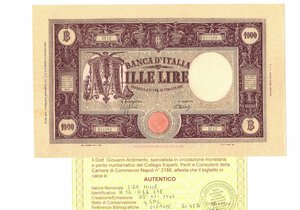obverse: Banconote. Regno d Italia. Vittorio Emanuele III. 1.000 Lire Grande M. (Fascio). D.M 6 Febbraio 1943. Gig. BI45B. qSPL. Perizia Giovanni Ardimento.