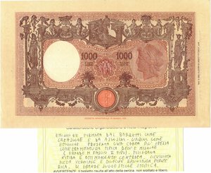 reverse: Banconote. Regno d Italia. Vittorio Emanuele III. 1.000 Lire Grande M. (Fascio). D.M 6 Febbraio 1943. Gig. BI45B. qSPL. Perizia Giovanni Ardimento.