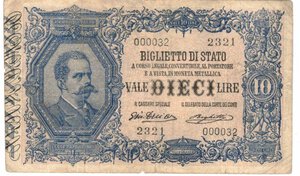 obverse: Banconote. Regno d Italia. Vittorio Emanuele III. 10 Lire Effigie di Umberto I. D.M. 11-10-1915. 