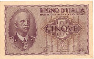 obverse: Banconote. Regno D Italia. Vittorio Emanuele III. 5 Lire Impero 1944 XXII. Gig. BS13B. 