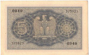 reverse: Banconote. Regno D Italia. Vittorio Emanuele III. 5 Lire Impero 1944 XXII. Gig. BS13B. 