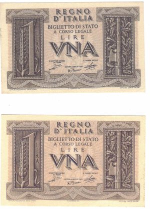 obverse: Banconote. Regno d Italia. Vittorio Emanuele III. Lotto di 2 pezzi da 1 Lira Impero. 