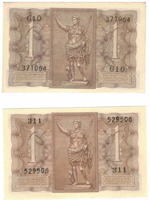 reverse: Banconote. Regno d Italia. Vittorio Emanuele III. Lotto di 2 pezzi da 1 Lira Impero. 