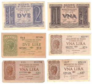 obverse: Banconote. Regno d Italia. Vittorio Emanuele III. Lotto di 6 pezzi da 2 Lire e 1 Lira.