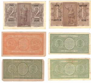 reverse: Banconote. Regno d Italia. Vittorio Emanuele III. Lotto di 6 pezzi da 2 Lire e 1 Lira.