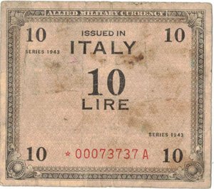 obverse: Banconote. Occupazione Americana. 10 Am lire 1943. Monolingua B.E.P. con stella Gig AM 4C. 