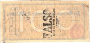 reverse: Banconote. Banca del Monte di Milano. 100 Lire 1944. BB. Falso d epoca. Con annullo del cassiere. 