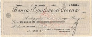 obverse: Banconote. Banca Popolare di Cesena. 500 Lire 1966. BB. Pieghe. Con annullo PAGATA. 