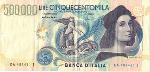 obverse: Banconote. Repubblica Italiana. 500.000 lire Raffaello. 1997. Gig.BI86A. 