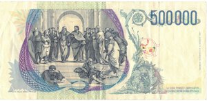 reverse: Banconote. Repubblica Italiana. 500.000 lire Raffaello. 1997. Gig.BI86A. 