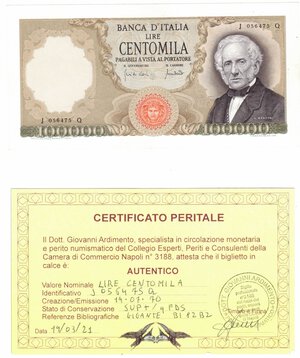 obverse: Banconote. Repubblica Italiana. 100.000 Lire Manzoni. D. M. 19-07-1970. Gigante BI82B2. Periziata Giovanni Ardimento SUP+/qFDS. 