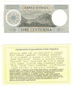 reverse: Banconote. Repubblica Italiana. 100.000 Lire Manzoni. D. M. 19-07-1970. Gigante BI82B2. Periziata Giovanni Ardimento SUP+/qFDS. 