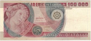 obverse: Banconote. Repubblica Italiana. 100.000 Lire Botticelli. D.M. 1 Luglio 1980. Gig. BI83B.