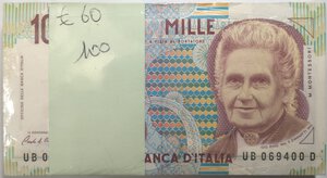 obverse: Banconote. Repubblica Italiana. 1.000 lire Montessori. 1991. Mazzetta da 100 pezzi. Gig.BI58B. 