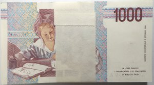 reverse: Banconote. Repubblica Italiana. 1.000 lire Montessori. 1995. Serie sostitutiva. Mazzetta da 100 pezzi. Gig.BI58Ea. 