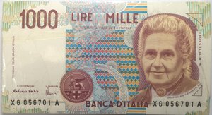 obverse: Banconote. Repubblica Italiana. 1.000 lire Montessori. 1998. Serie sostitutiva. Mazzetta da 100 pezzi. Gig.BI58Ga. 