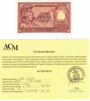obverse: Banconote. Repubblica Italiana. 100 lire Atena. 1951. Specimen. Gig.BS24. Perizia Ardimento qFDS. RRRRR. 