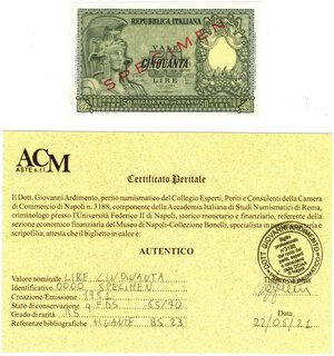 obverse: Banconote. Repubblica Italiana. 50 lire Atena. 1951. Specimen. Gig.BS23. Perizia Ardimento qFDS. RRRRR. 