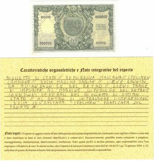 reverse: Banconote. Repubblica Italiana. 50 lire Atena. 1951. Specimen. Gig.BS23. Perizia Ardimento qFDS. RRRRR. 