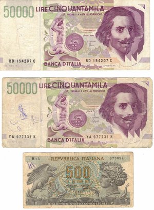 obverse: Banconote. Repubblica Italiana. Lotto di 7 pezzi. 2 pezzi da 50.000 lire, 5.000 Lire, 2.000 Lire, 2 pezzi da 1.000 Lire  e 500 Lire. 