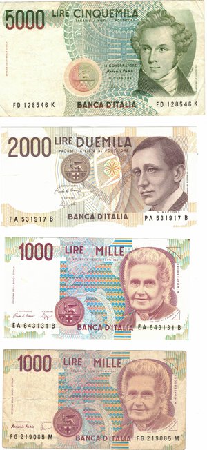 reverse: Banconote. Repubblica Italiana. Lotto di 7 pezzi. 2 pezzi da 50.000 lire, 5.000 Lire, 2.000 Lire, 2 pezzi da 1.000 Lire  e 500 Lire. 