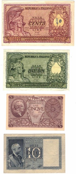 obverse: Banconote. Repubblica Italiana. Lotto di 4 pezzi. 10 lire Impero, 100 Lire, 50 Lire e 5 Lire. 