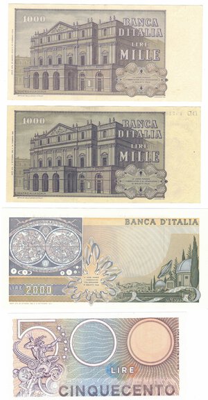reverse: Banconote. Repubblica Italiana. Lotto di 4 pezzi. 2.000 lire, 2 pezzi da 1.000 Lire e 500 Lire. 