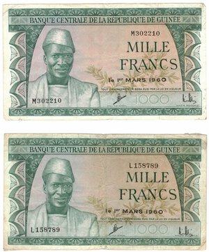 obverse: Banconote. Estere. Guinea. Lotto di 2 pezzi, 1000 Franchi 1960. 