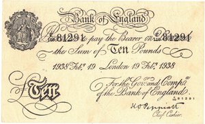 obverse: Banconote. Estere. Inghilterra. 10 Sterline 1938. BB+. Interessante Falso d epoca. Strappo.