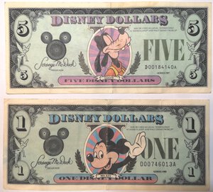 obverse: Banconote. USA. Emissione Privata. Disney. 5 Dollari 1987  e Dollaro 1988. 