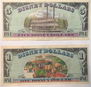reverse: Banconote. USA. Emissione Privata. Disney. 5 Dollari 1987  e Dollaro 1988. 