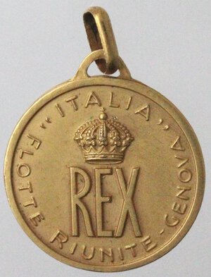 reverse: Medaglie. Genova. Flotte Riunite Genova Italia. Medaglia Transatlantico Rex. Au. Fu varato nel 1931 e affondato nel 1944.