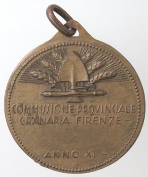 reverse: Medaglie. Periodo Fascista. Firenze. Commissione Provinciale Granaria. Battaglia del Grano. Medaglia Anno XI. Ae. 