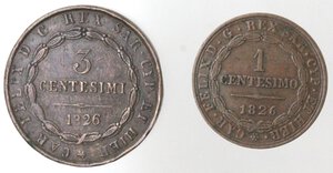 reverse: Carlo Felice. 1821-1831. Lotto di 2 monete. 3 Centesimi e 1 Centesimo 1826. Ae.