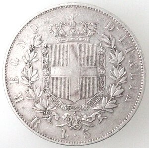 reverse: Vittorio Emanuele II. 1861-1878. 5 Lire 1877 Roma. Ag. 