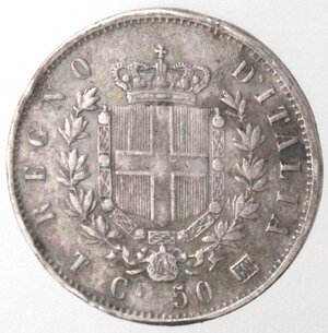reverse: Vittorio Emanuele II. 1861-1878. 50 Centesimi 1863 Torino. Stemma. Ag. 
