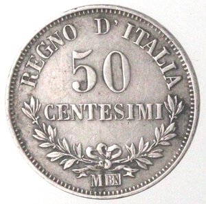 reverse: Vittorio Emanuele II. 1861-1878. 50 Centesimi 1863 Milano. Valore. Ag. 