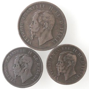 obverse: Vittorio Emanuele II. 1861-1878. Lotto di tre monete. 10 Centesimi 1866 M., 5 Centesimi 1862 N e 1867 N. Ae. 