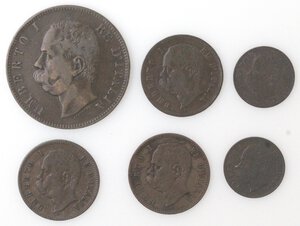 obverse: Umberto I. 1878-1900. Lotto di sei monete. 10 Centesimi 1893 KB., 2 Centesimi 1898, 1900 (2 pz.), Centesimo 1900 (2 pz.). Ae.