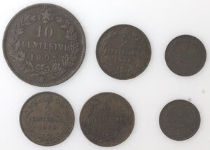 reverse: Umberto I. 1878-1900. Lotto di sei monete. 10 Centesimi 1893 KB., 2 Centesimi 1898, 1900 (2 pz.), Centesimo 1900 (2 pz.). Ae.