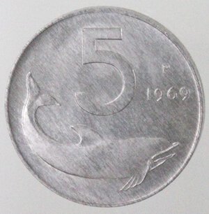 reverse: Repubblica Italiana. 5 lire 1969 (1 capovolto). It. 