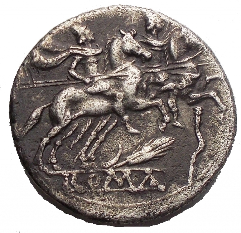 obverse: Repubblica Romana - ANONYMOUS. Circa 209 BC. AR Denarius. RRRR. Helmeted head of Roma right, X / The Dioscuri on horseback riding right, grain ear and crooked staff below horses, ROMA in exergue.RRC 77/1.E Weight 3.7gr Diameter 19mm. Extremely Rare